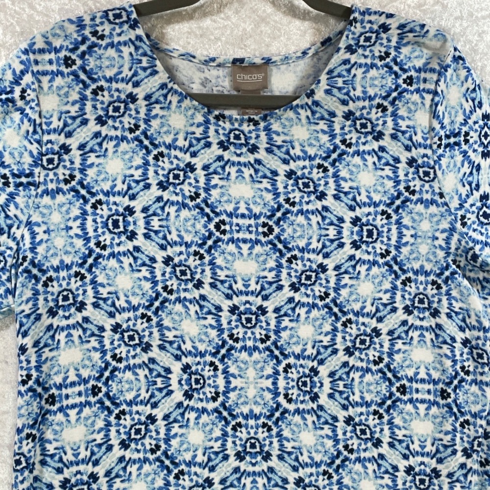 Chico's T-Shirt Dress Women Size 2 Large Blue White Geometric Cotton Excellent